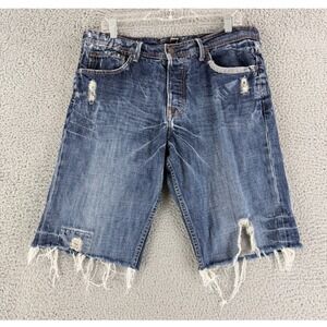 575 Denim Jean Shorts Mens 34 Blue‎ Distressed Raw Hem Button Fly Made USA